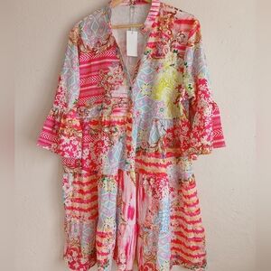 Vibrant Multicolor Bohemian Dress V Neck XXL 3/4 Bell Sleeve